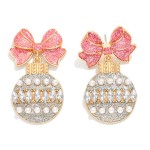 Wholesale glitter Metal Bow Christmas Ornament Post Drop Earrings Pearl Details