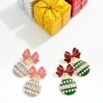 Wholesale glitter Metal Bow Christmas Ornament Post Drop Earrings Pearl Details