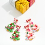 Wholesale painted Metal Bow Christmas Tree Post Drop Earrings Pom Details L