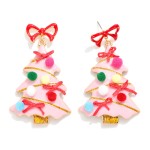 Wholesale painted Metal Bow Christmas Tree Post Drop Earrings Pom Details L