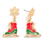 Metal Tone Chain Linked Enamel Christmas Ice skates Post Drop Earrings

- Approximately 1.25" L