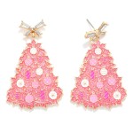Enamel Christmas Tree Earrings With Rhinestone Studded Bow Post Drop Featuring Glitter And Ornament Details 

- Approximately 2.25" L