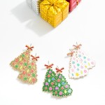 Wholesale enamel Christmas Tree Earrings Rhinestone Studded Bow Post Drop Glitte