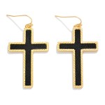 Wholesale vegan Leather Cross Drop Earrings Ribbed Metal Border L