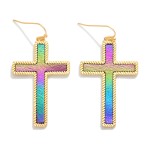 Wholesale vegan Leather Cross Drop Earrings Ribbed Metal Border L