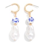 Pearl & Chinoiserie Bead Hoop Drop Earrings 

- Gold Dipped 
- Approximately 2" L