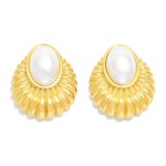 Wholesale ribbed Metal Post Drop Earrings Pearl Detail Stainless Steel Water Res