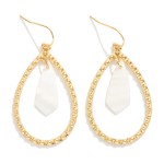 Metal Tone Studded Teardrop Drop Earrings Featuring Nesting Pearl Geometric Shape 

- Approximately 1.5" L