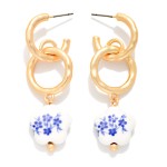 Wholesale linked Hammered Metal Hoop Drop Earrings Chinoiserie Flower Detail L
