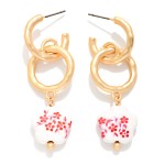 Wholesale linked Hammered Metal Hoop Drop Earrings Chinoiserie Flower Detail L