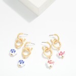 Wholesale linked Hammered Metal Hoop Drop Earrings Chinoiserie Flower Detail L