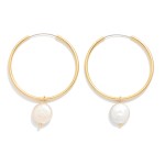 Wholesale metal Tube Hoop Earrings Flat Pearl Detail D