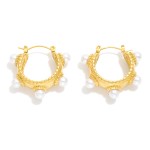 Wholesale textured Metal Hoop Earrings Studded Pearl Details Stainless Steel Wat