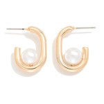 Wholesale metal Rectangular Hoop Drop Earring Pearl Ball L