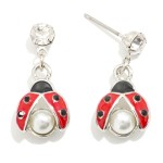 Wholesale linked Enamel Ladybug Rhinestone Post Drop Earrings Pearl L