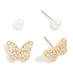 Wholesale set Two Stud Earrings Cubic Zirconia Butterfly Pearls L