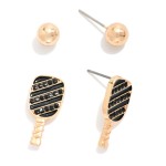 Wholesale set Two Stud Earrings Enamel Pickleball Racket Metal Ball L L