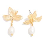 Wholesale metal Leaves Pearl Post Drop Earrings L