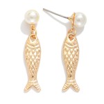 Wholesale pearl Metal Fish Post Drop Earrings Gold Dipped L