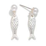 Wholesale pearl Metal Fish Post Drop Earrings Gold Dipped L
