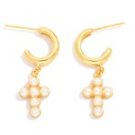 Wholesale metal Hoop Earrings Pearl Cross Dangle Details Gold Dipped L