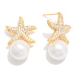 Wholesale cubic Zirconia Starfish Post Drop Earring Pearl D Gold Dipped Brass Ba