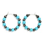 Wholesale stone Beaded Hoop Drop Earring Brushed Metal Beads D