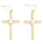 Wholesale ribbed Metal Cross Cross Drop Earrings Pearl Detail L