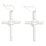 Wholesale ribbed Metal Cross Cross Drop Earrings Pearl Detail L
