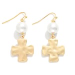 Wholesale pearl Metal Hammered Plus Cross Drop Earrings L