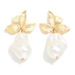Wholesale metal Petals Baroque Pearl Post Drop Earrings L