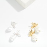 Wholesale metal Petals Baroque Pearl Post Drop Earrings L