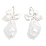 Wholesale metal Petals Baroque Pearl Post Drop Earrings L