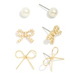 Wholesale set Three Metal Earrings Bows Pearls L