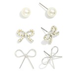 Wholesale set Three Metal Earrings Bows Pearls L