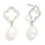Wholesale linked Pearl Beaded Clover Pearl Post Drop Earrings Gold Dipped L