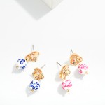 Wholesale metal Flower Linked Chinoiserie Bead Post Drop Earrings Gold Dipped L