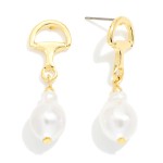Wholesale metal Horsebit Pearl Post Drop Earrings Gold Dipped L