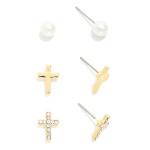 Wholesale set Three Stud Earrings Crosses Pearls Gold Dipped L