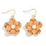 Wholesale hammered Metal Flower Drop Earrings Pearl Detail L