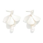 Wholesale linked Brushed Petals Drop Earrings Pearl Detail Rhinestone Post L