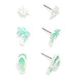 Wholesale set Three Metal Glitter Acetate Beach Stud Earrings Sandal Palm Tree S