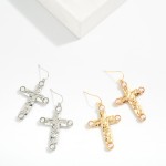 Wholesale textured Metal Cross Earring Drop Pearl Detail L