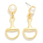 Wholesale metal Horsebit Pearl Post Drop Earrings Gold Dipped L