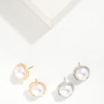Wholesale large Pearl Stud Earrings Wavy Metal Border L