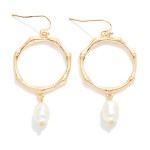 Wholesale metal Bamboo Drop Hoop Earrings Rice Pearl Detail L
