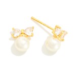 Wholesale cubic Zirconia Bow Pearl Stud Earrings Gold Dipped L