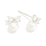 Wholesale cubic Zirconia Bow Pearl Stud Earrings Gold Dipped L