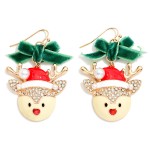 Wholesale velvet Bow Reindeer Drop Earrings sweet enamel reindeer Santa hat rhin
