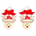 Wholesale velvet Bow Reindeer Drop Earrings sweet enamel reindeer Santa hat rhin